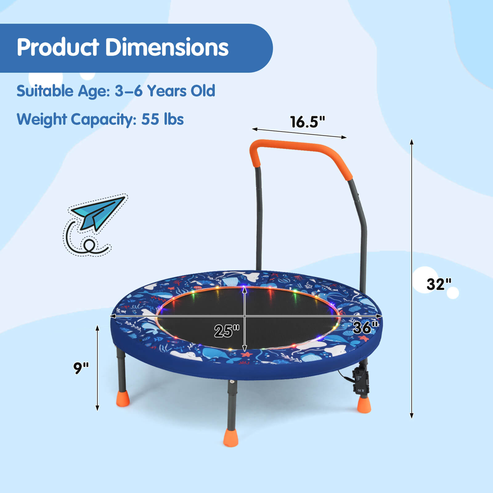 Infans 36" Foldable Kid Trampoline w/ 20 LED Lights Foam Handlebar Padded Safety Cover