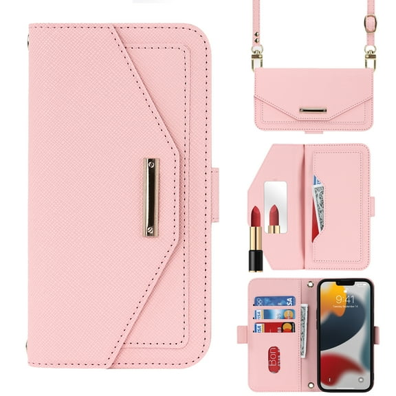 Dteck Crossbody Wallet for Google Pixel 7 Case with Lanyard Shoulder Strap, PU Leather Handbag with Credit Card Holder Purse Stand Phone Cover with Built in Make-Up Mirror for Girls Women, Pink