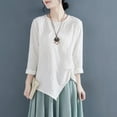 thumbnail image 4 of Ashirexll Women's T-shirts Short Sleeve Tops for Women Spring Summer Linen Casual 3/4 Sleeve Round Neck Buttons Solid Color Blouse Loose, 4 of 4