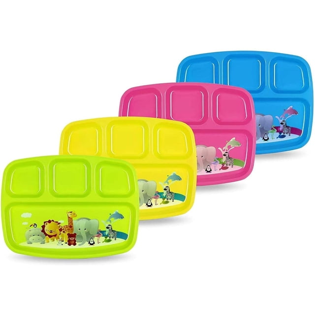Platos de Plástico PLASKIDY Colores Brillantes con Divisores y Diseño de Zoológico para Niños