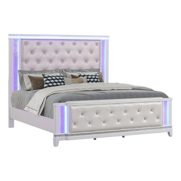 Modern Style Queen Bed Made with Wood & LED Headboard in Milky White