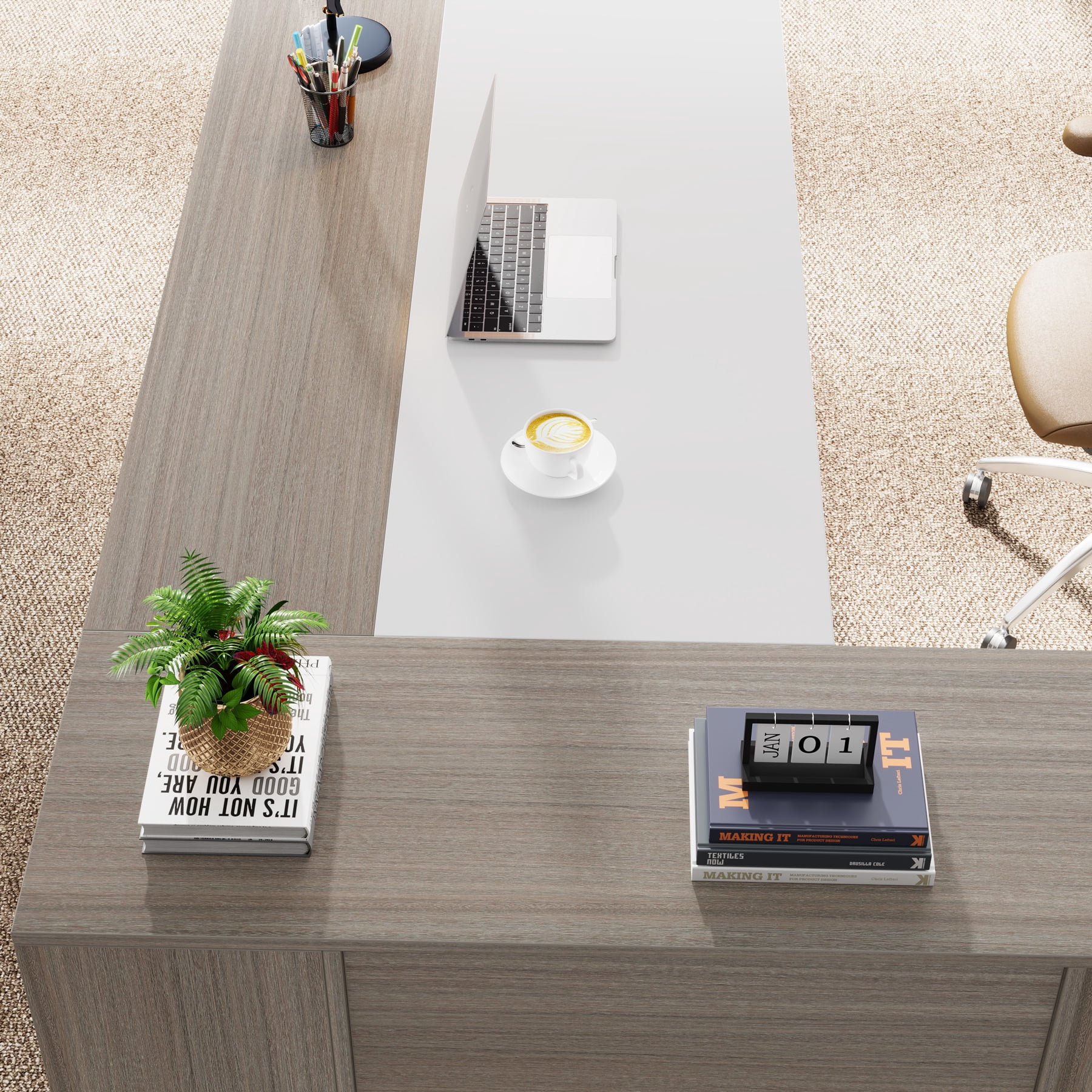 Finmind 71 inch Executive Desk, L Shaped Desk with Cabinet Storage, Executive Office Desk with Shelves, Business Furniture Set Workstation for Home Office, Gray and White