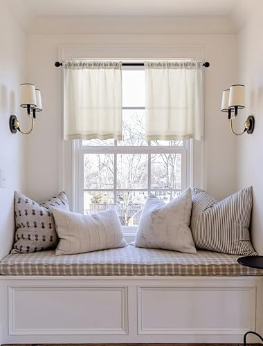 Light Filtering Semi Sheer Linen Curtain Panels for Small Windows, 36x24 Inch Natural Cafe Curtains with Dual Rod Pocket for Kitchen Basement Front Door, 2 Panels Boho Tier Style