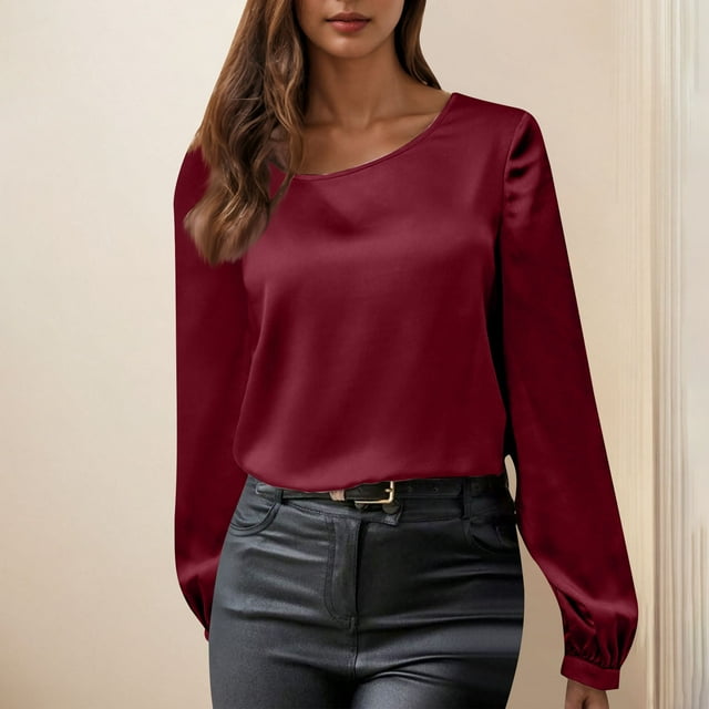 Liquidation de Hauts pour Femmes! 2025 Été Hauts pour Femmes Manches Longues Bouffantes Blouses en Chiffon Décontractées Col Rond Chemises Fluides Tuniques Rouges TG