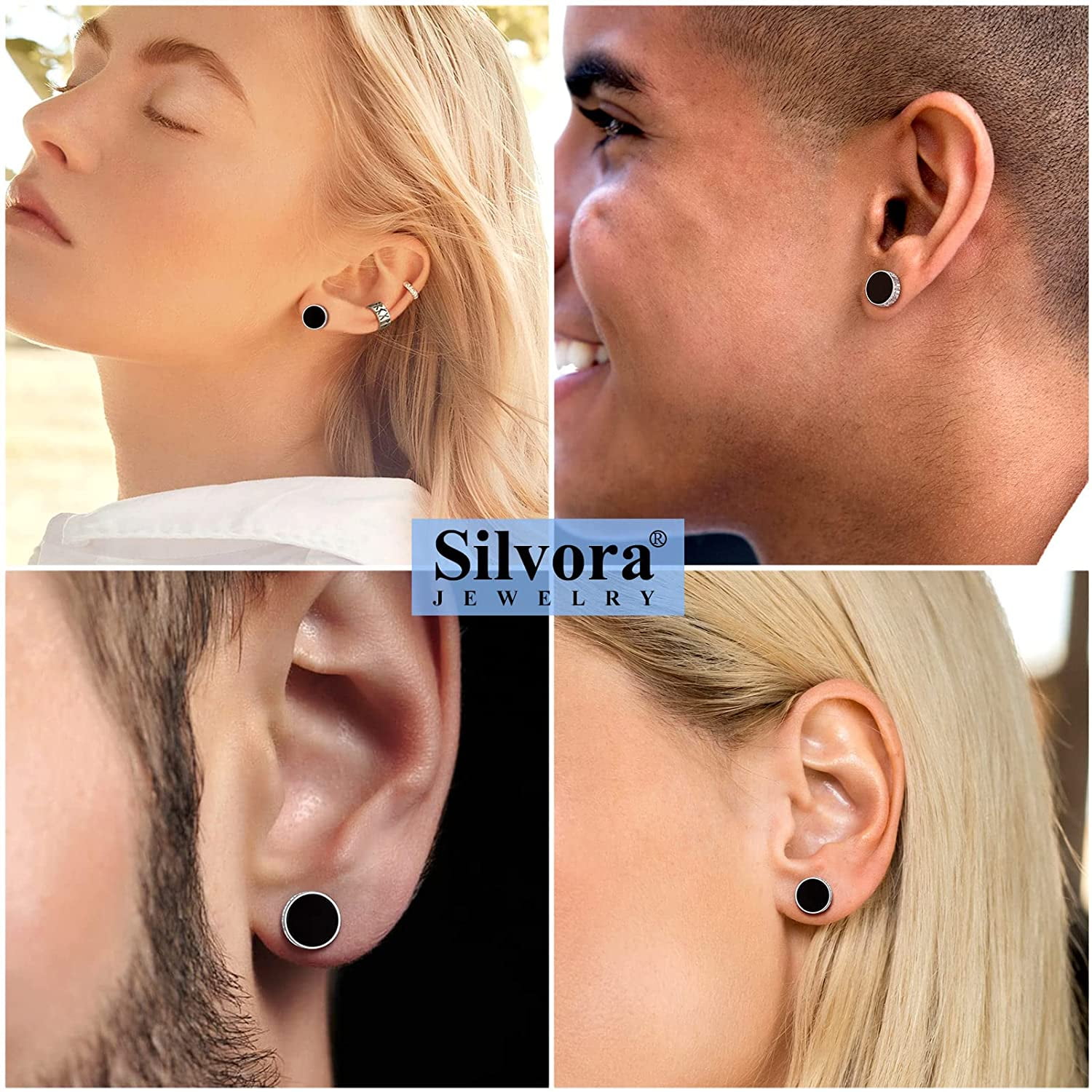 Silvora Earrings for Men 925 Sterling Silver Stud Earrings with 8MM Black Onyx Norse Viking Rune Jewelry Gift for Sensive Ears