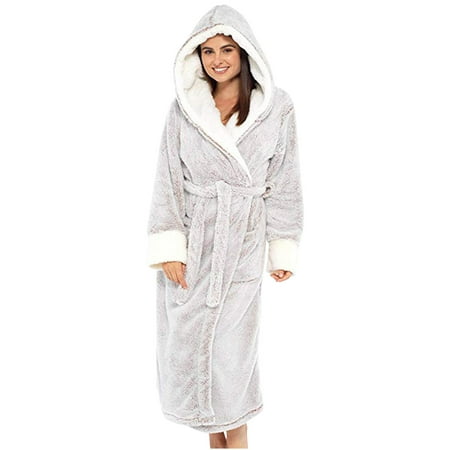 

RQYYD Clearance Womens Hooded Fleece Sherpa Robe Soft Plush Bathrobe Fluffy Cute Long Plush Fuzzy House Coat(Gray S)