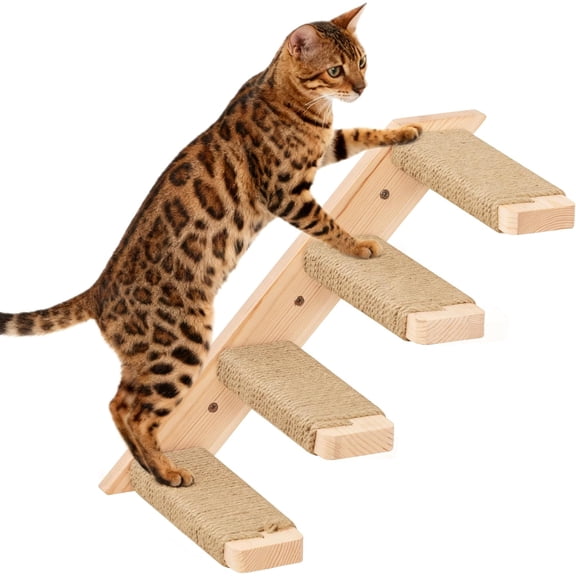 PELUOMOZ Natural Wood Cat Stair Shelf – Reversible Wall-Mounted 4-Step Climber with Sisal Rope (Indoor Cat Furniture)