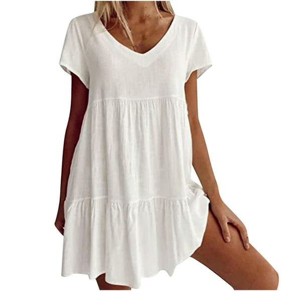 Bigersell Hawaiian Dresses for Women Summer Female V-Neck Short Sleeve Above Knee Sun Dress Dress Style D-143 Beach Wedding Dresses for Bride Regular Summer Dresses , White L