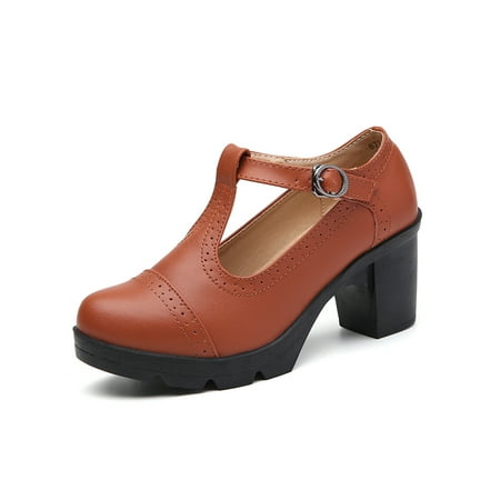 

Avamo Women Comfort Mary Jane Heels Chunky Block Heel Dress Pump Shoes Casual Lightweight Ankle Strap Oxford Pumps Light Brown 6.5
