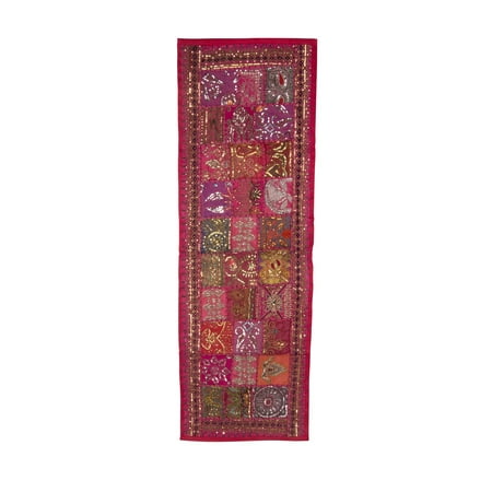 A Kind Art Pink Embroidered Patchwork Unique One Of A Kind Tapestry Wall Hanging Boho Bohemian Hippie Collage Art Dorm Decor Accents Canvas Living Room Bedroom Studio ()