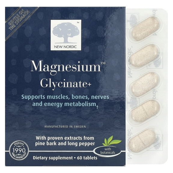 NEW NORDIC Magnesium Glycinate | 220 mg Maximum Absorption Tablets with Pine Bark and Long Pepper | Gentle on Stomach for Women and Men | 60 Tablets