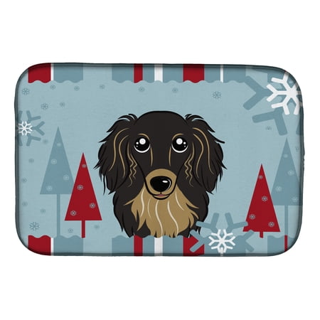 Winter Holiday Longhair Black and Tan Dachshund Dish Drying Mat