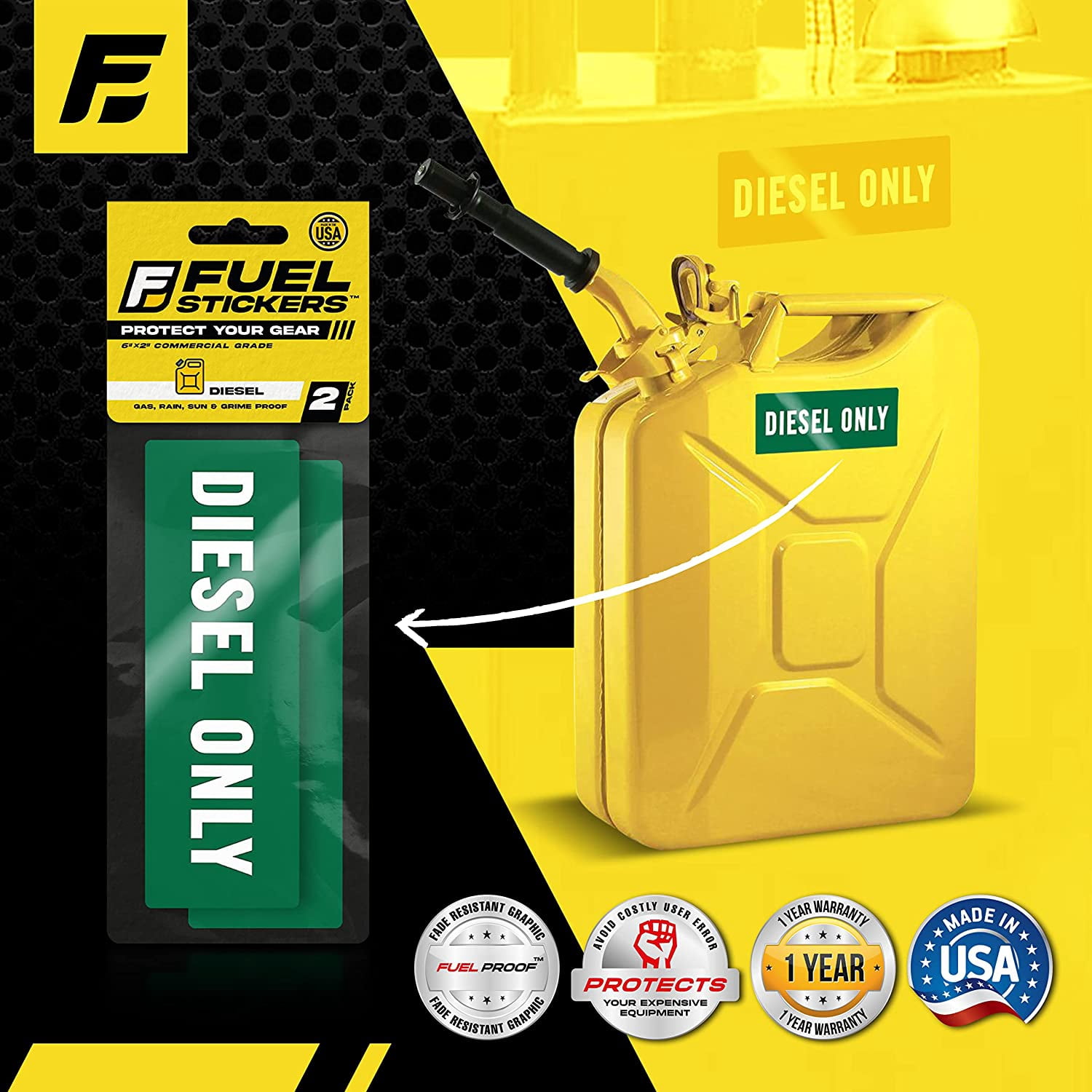 Diesel Only Sticker - Diesel Label for Fuel Storage Container, Truck, Tractor and Heavy Equipment - Weather Proof, Extreme Stick, Ultra-Durable - USA Made (6x2 inch), 2 Labels