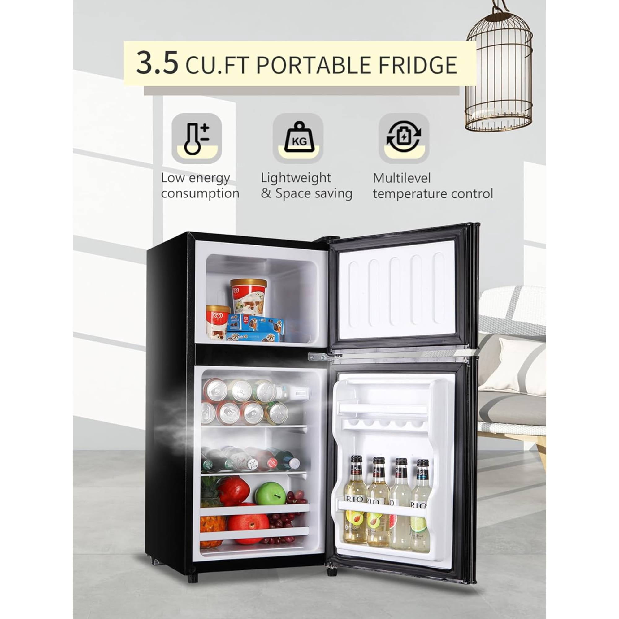 3.5 Cu.Ft Mini Fridge Freezer, 2 Door Compact Refrigerator, 7 Level Adjustable Adjustable Shelf, Thermostat Freezer&nbsp;Fridge for Living Room, Kitchen and Apartment, Black
