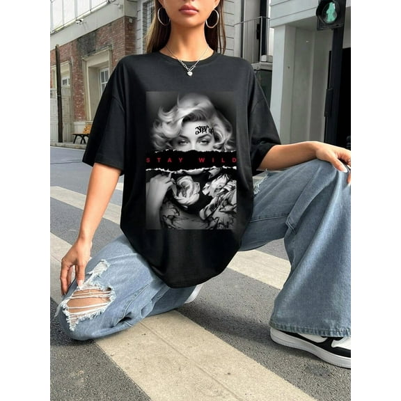Women's Casual Sexy Oversized Round Neck Short Sleeve T-Shirt, Suitable For Summer
