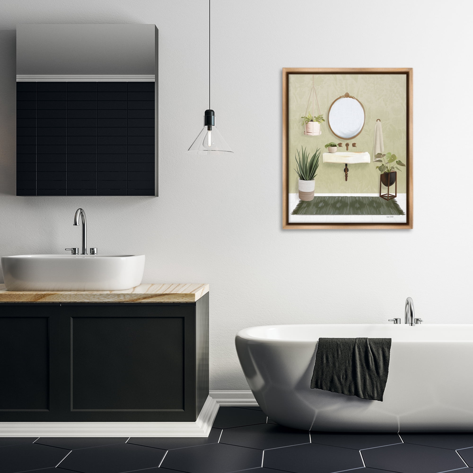 Stupell Industries Soothing Bathroom with Plants Bath & Laundry Painting Brown Floater Framed Canvas Art Print Wall Art, 25 x 31