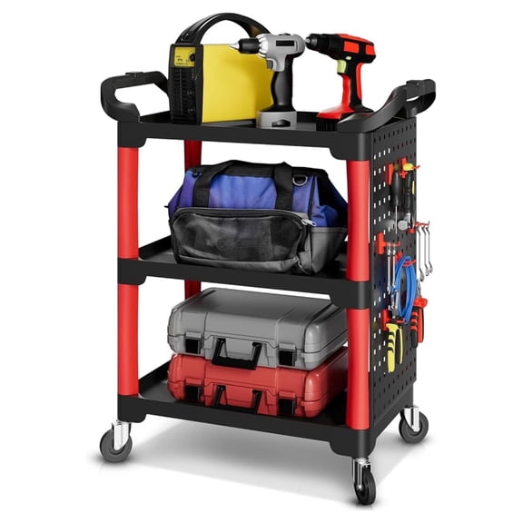 3-Level Rolling Cart Trolley Storage Detailing Cart with Pegboard 120 kg/260 Lbs Capacity on Wheels Fits Garage, Warehouse, and Workshop Use, Black/Red