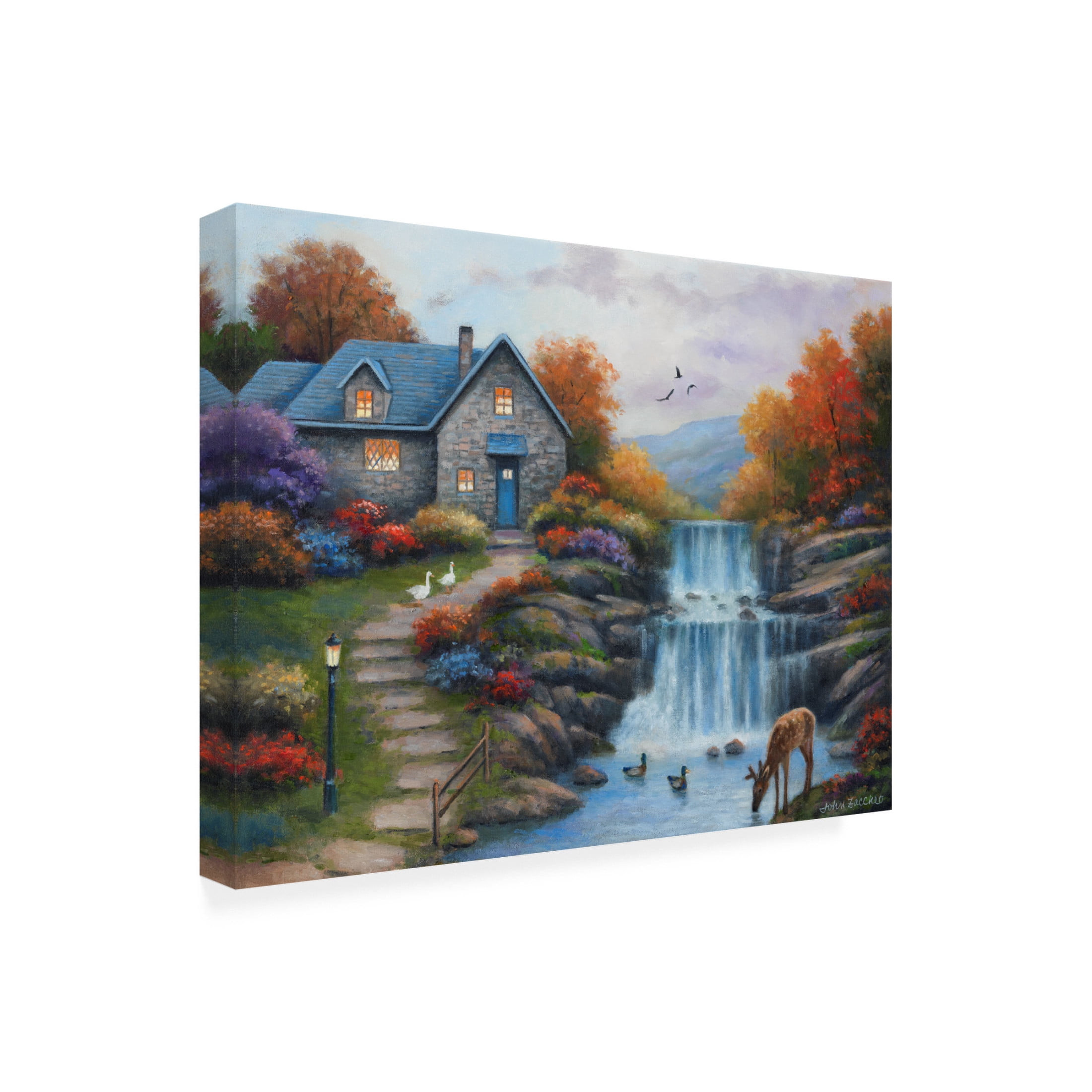 Canvas Wall Art - John Zaccheo 'Cottage by the Falls' Wall Art for Living Room, Bedroom, or Office Décor by Trademark Fine Art - 19 x 14 Inches