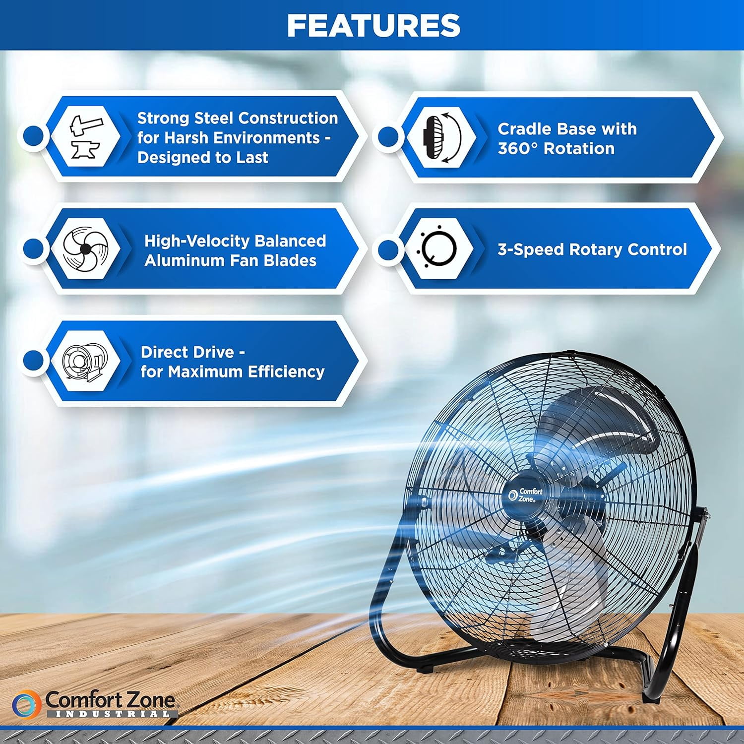 Comfort Zone 18" Metal Floor Fan with Adjustable Tilt, Carry Handle, Rubber Feet