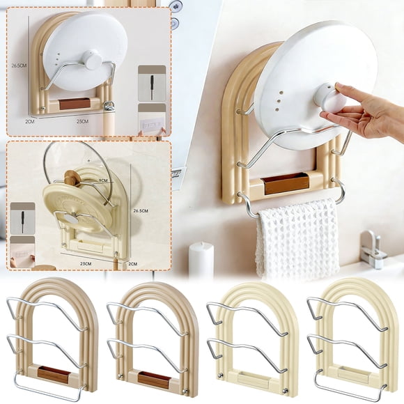 Birdeem Wall Mounted Pot Lid Organizer, No Drill Installation with Adhesive, U Shape Groove Holds Lids and Cutting Boards, Space Saving Kitchen Storage Rack, Aluminum and ABS Plastic, Brown or White