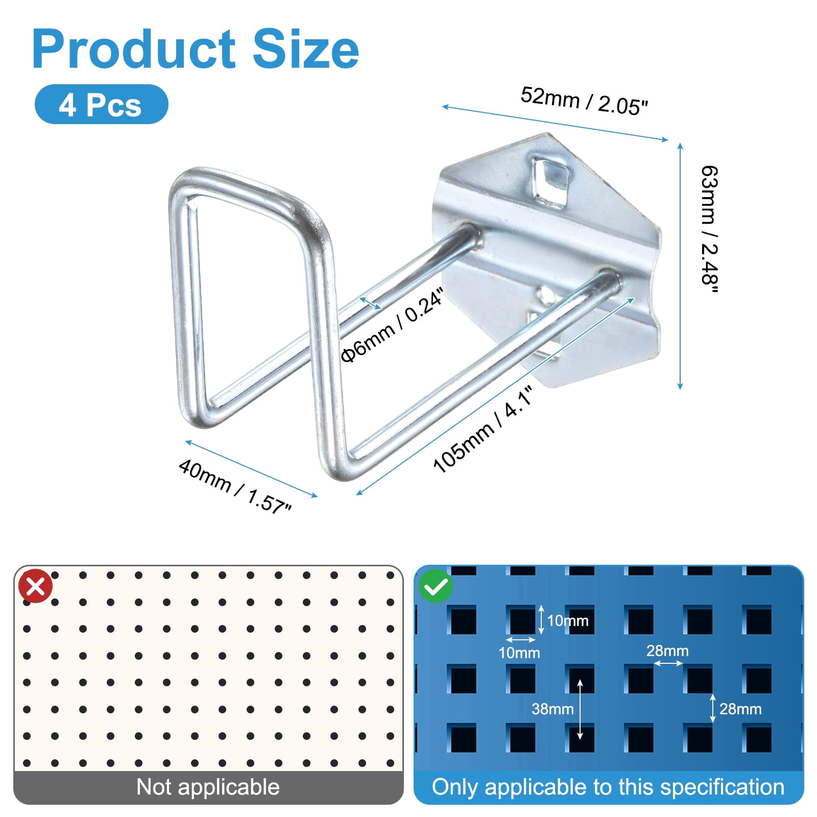 Uxcell 4Pcs Metal Square Peg Board Hooks, 4.1" Heavy Duty Square Hole Peg Hook for 3/8" Spaced Pegboard, Silver