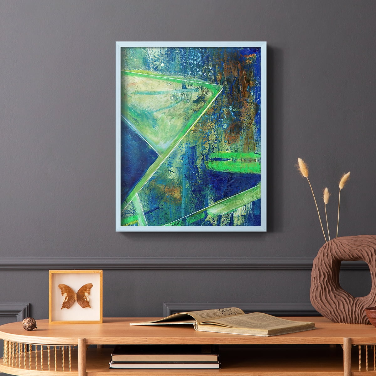 Geometric in Cool VII Framed Print in Blue Solid Wood Framed Print No Nail Hanging