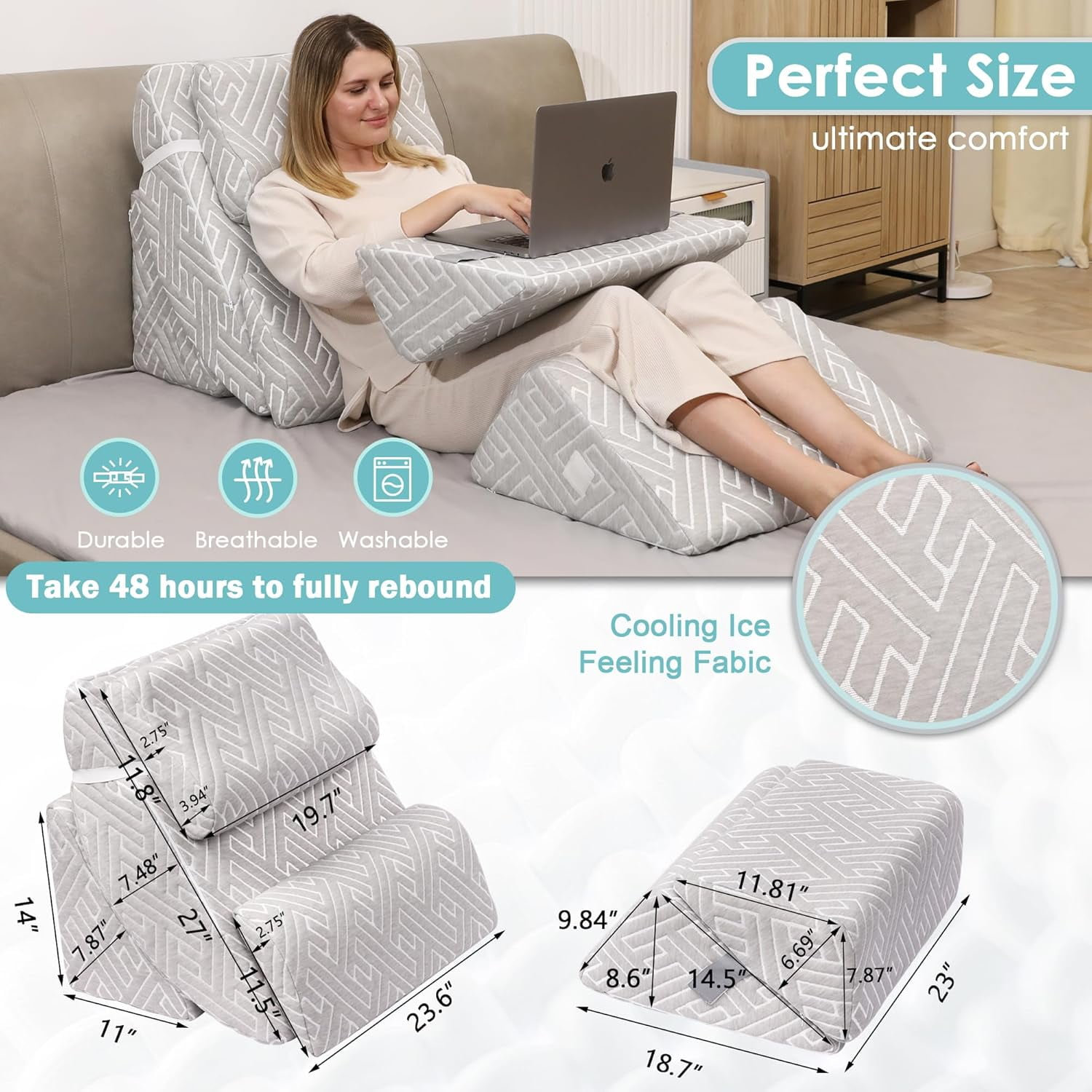 WJSP 6pcs Orthopedic Bed Wedge Pillow Set Grey Adjustable Memory Foam for Back Leg Neck Support Post Surgery Acid Reflux