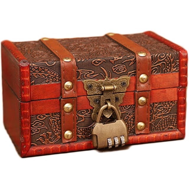 Cofre del tesoro pirata Caja de madera vintage, pequeños cofres del tesoro de madera, mini cofre del tesoro de madera, caja del tesoro de madera retro con tapa, para almacenamiento y decoración