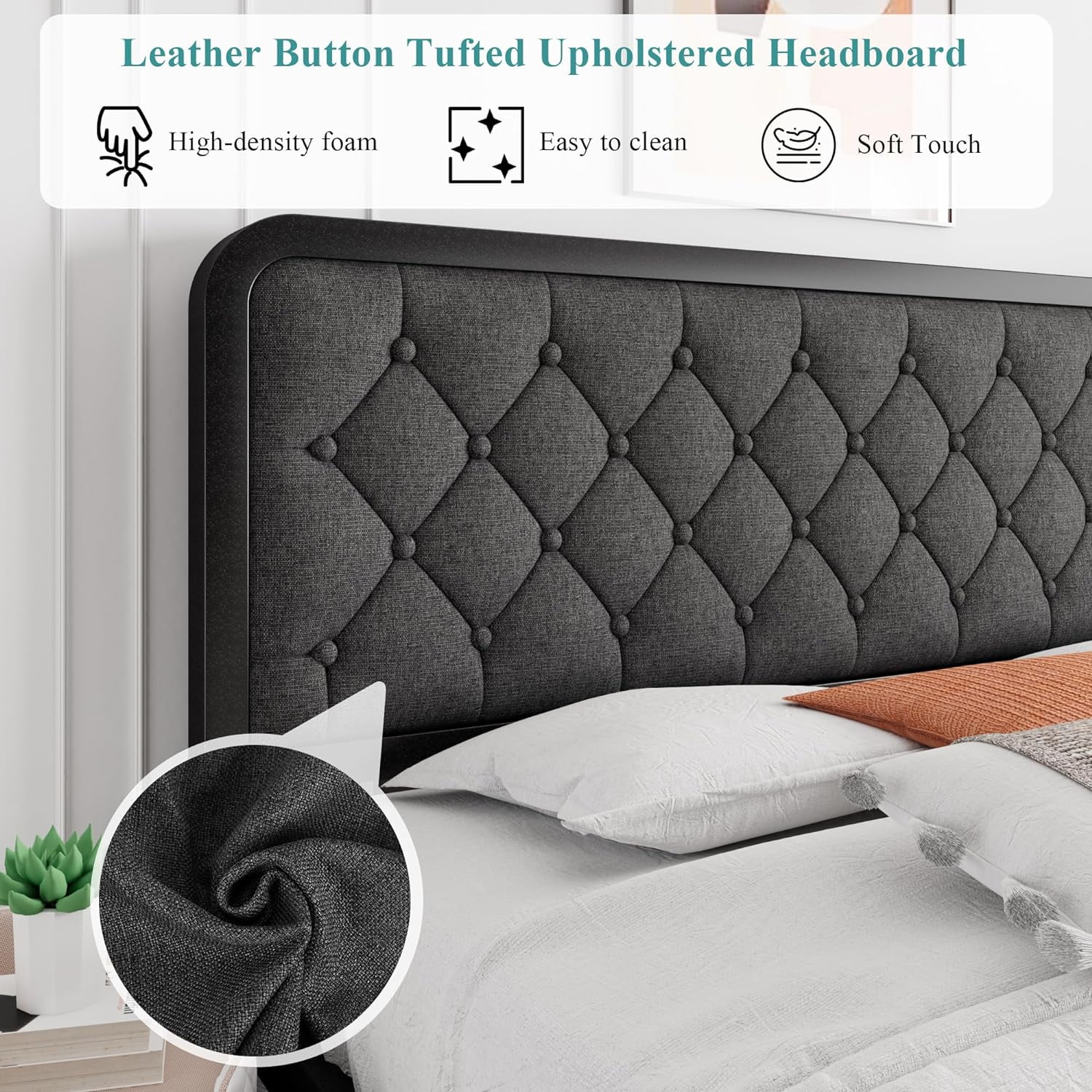 iPormis Full Size Metal Bed Frame with Linen Upholstered Headboard, 12'' Underbed Space, Thickened Metal Steel Slat Support, No Noise Free,Grey