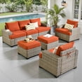 thumbnail image 2 of Ovios 7 Pieces Outdoor Patio Furniture Set All-Weather Rattan Wicker Sectional Sofa and Chairs with Ottomans, Orange Red, 2 of 8