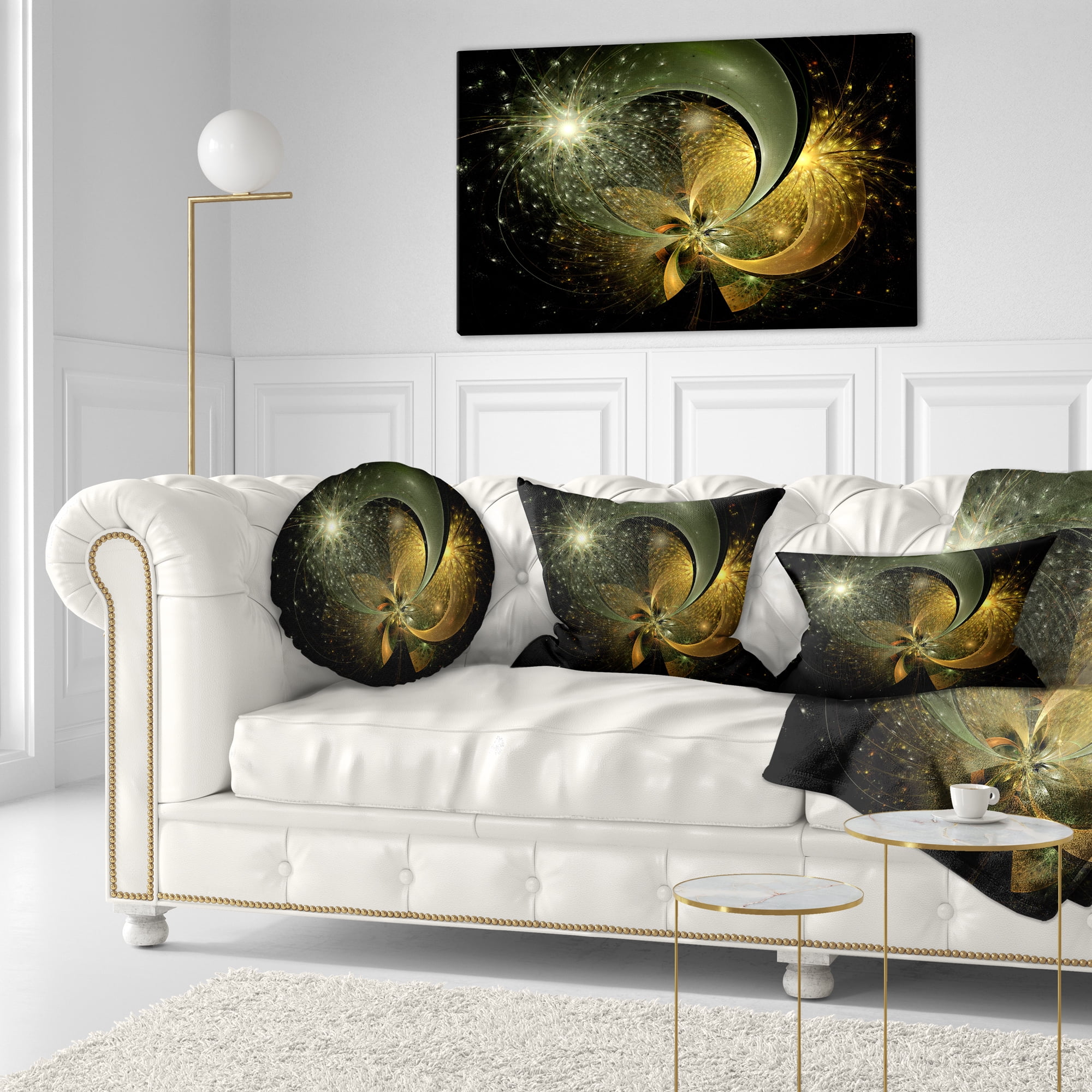 Designart Golden Fractal Flower with Silver Star - Floral Throw Pillow - 12x20