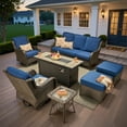 thumbnail image 3 of Ovios 7 Piece Outdoor Patio Furniture Set All-Weather Wicker Rattan Conversation Set with High Back Swivel Chairs & Propane Fire Pit Table, Navy Blue, 3 of 12