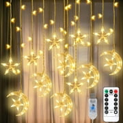 11.5ft Twinkle Star 126 LED Star Moon Curtain String Lights USB Powered with Remote Control for Eid Mubarak Ramadan Christmas - Warm Light