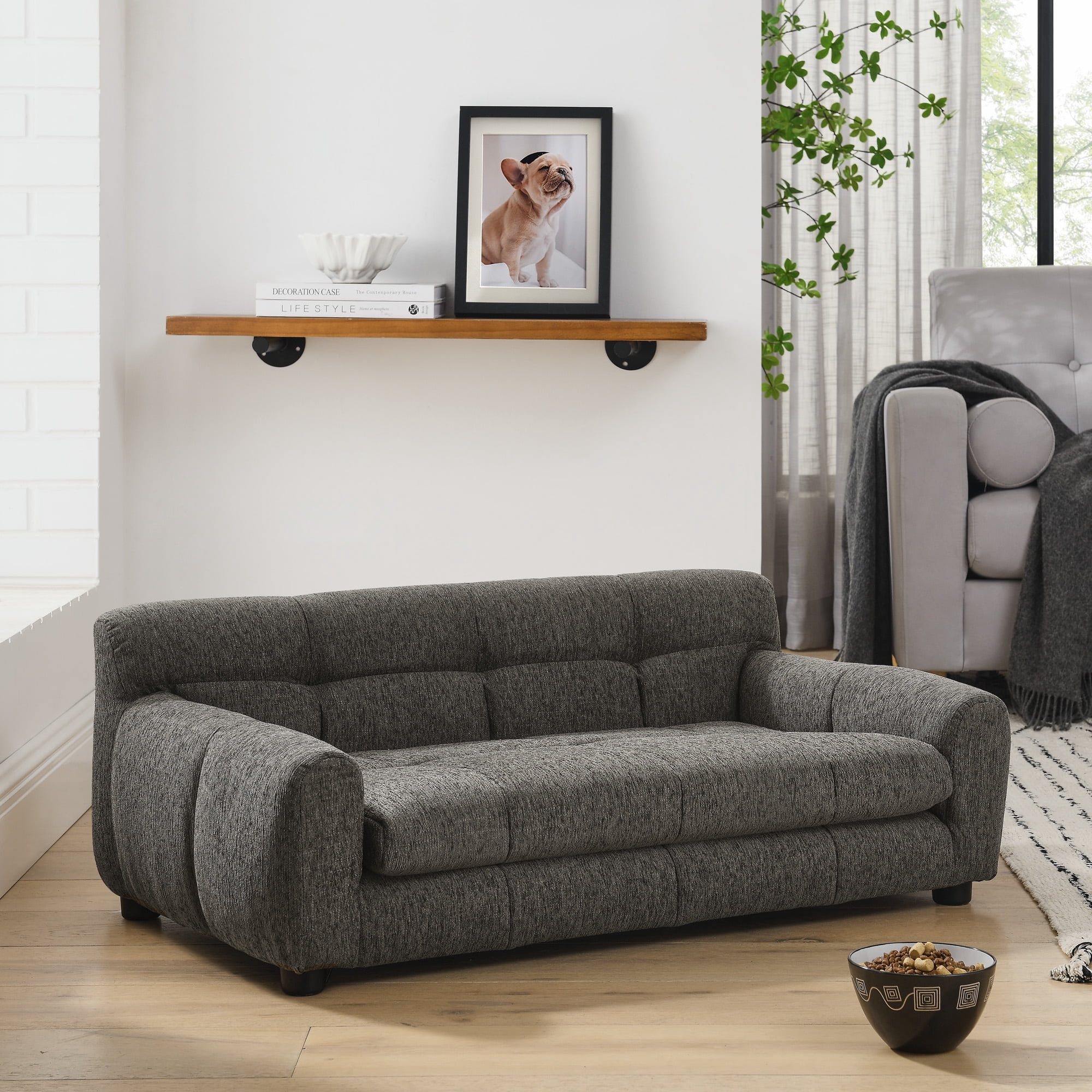 Dark Gray Linen Dog Sofa with Backrest - 38.00 in Length Pet Furniture for Medium and Large Dogs, Modern Rectangular Design with Armrests