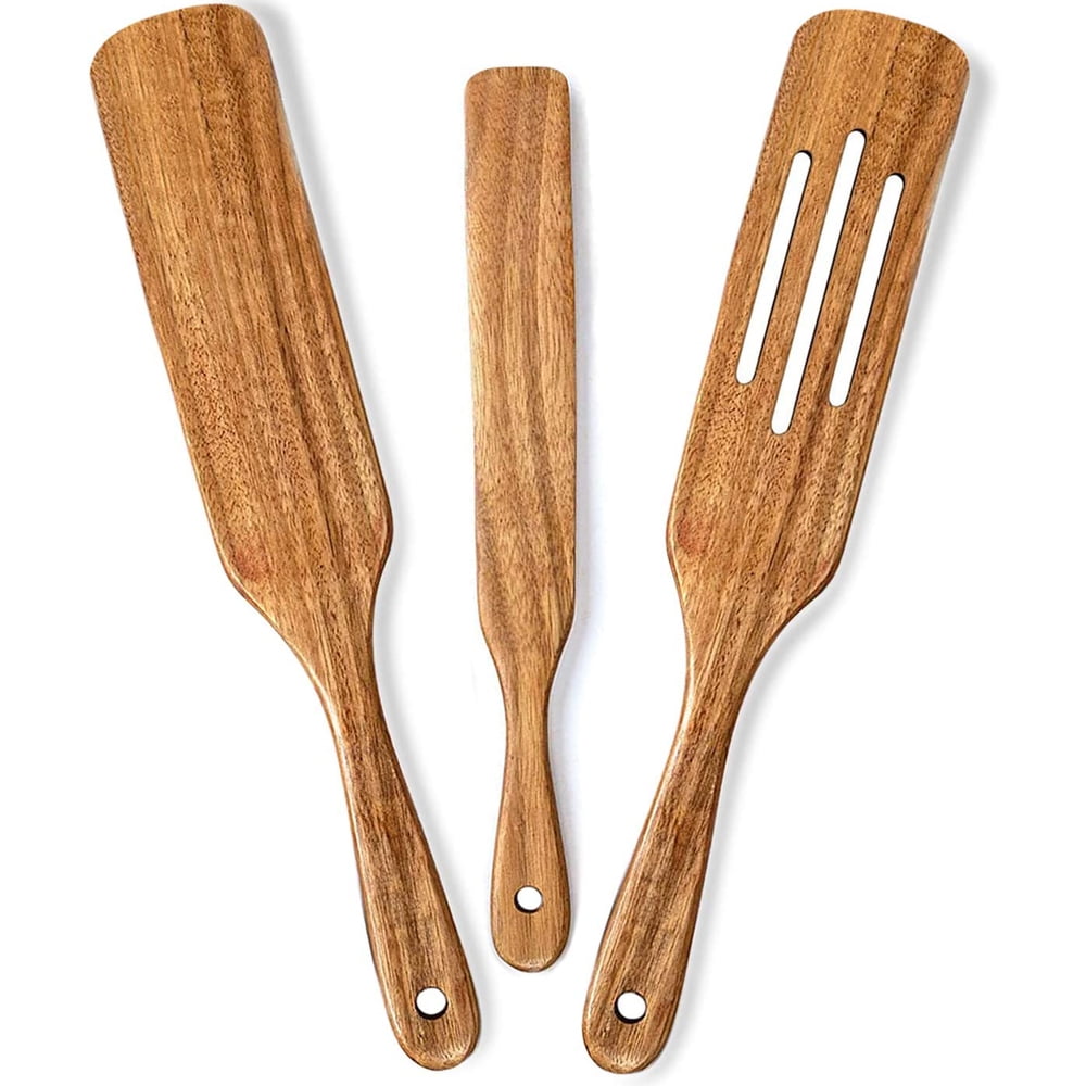 Wooden Spurtles Set 2 Natural Teak Kitchen Cooking Utensil 2 Set Slotted spatula Ladle colander for Stirring Mixing Serving 