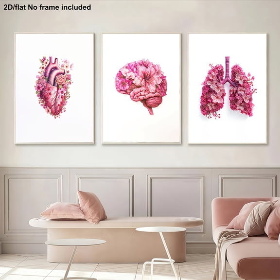 [2D Flat] 3pcs, Decorative Painting, 2D Flat Frameless Canvas Art, Abstract Human Organ Art Painting, Pink Organ Canvas Art, Heart, Brain, Lung Anatomy Art, Modern Medical Wall Art, Hospital Clinic