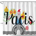 thumbnail image 1 of Whimsical White Shower Curtain with 'Pacis', Santa, Flowers & Checkered Edge, 1 of 5