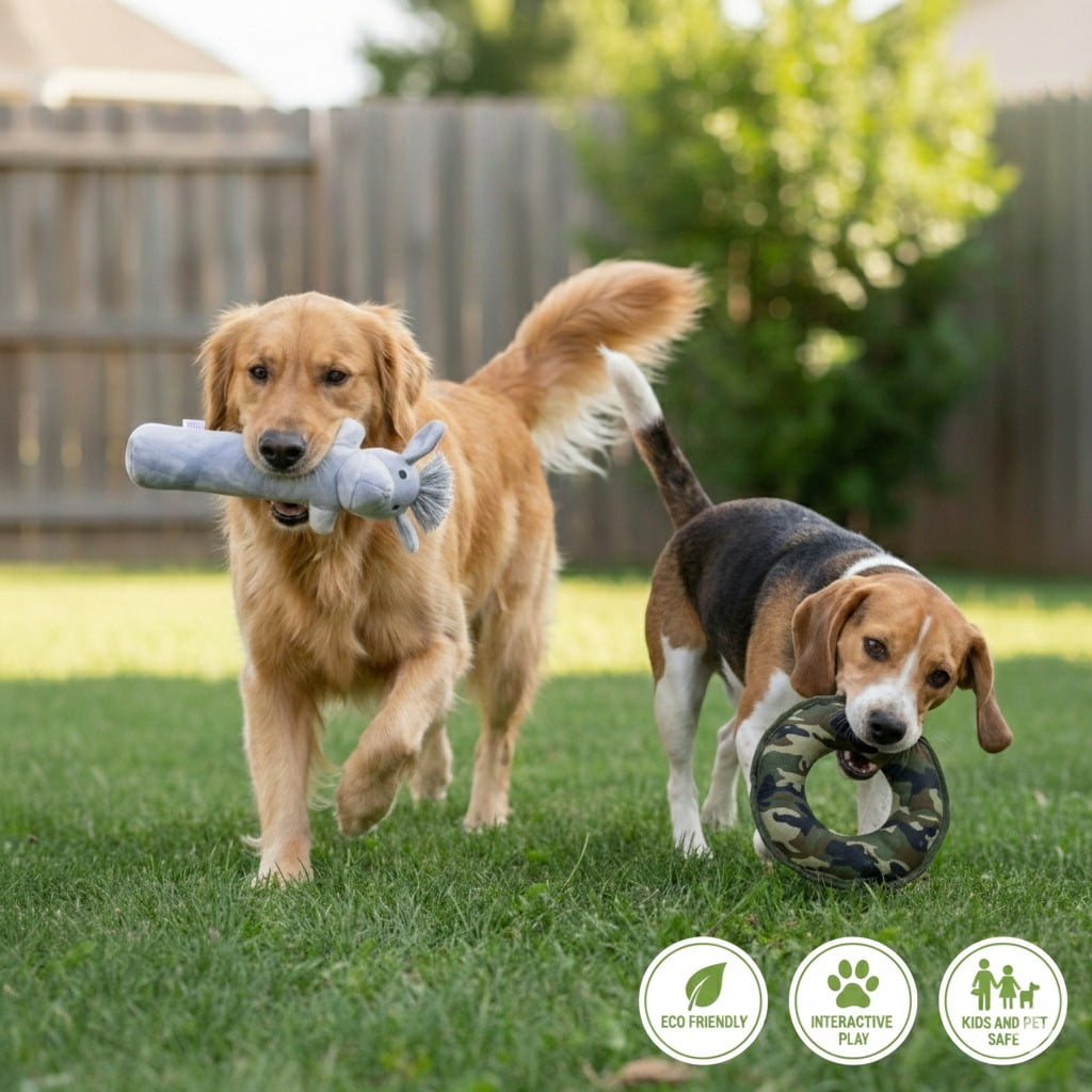 Durable Tough Cotton Canvas Squeaky Dog Toys, Eco-Friendly Interactive 2-Pack Chew Toys Set for Small, Large Dogs Labby-Do & Green Camo Disk by Pata Pal