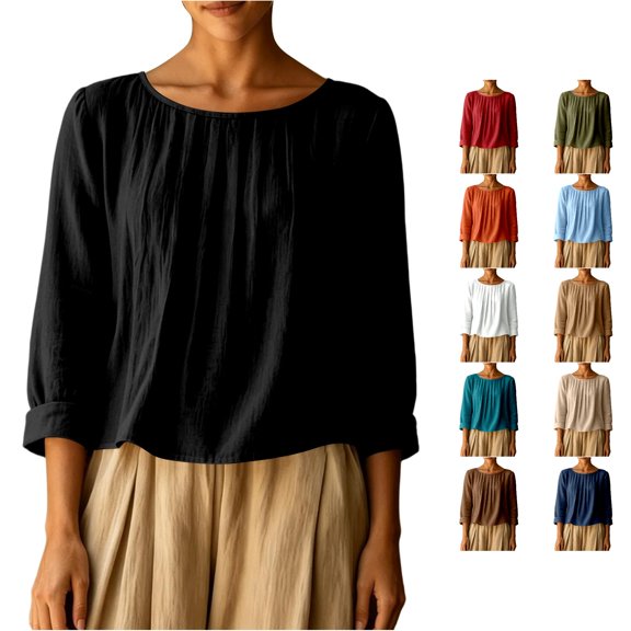 XAOFW Women's T Shirts Loose Fit Pleated Round Neck 3/4 Sleeve Solid Color Shirt For Casual Everyday Wear Soft Top L