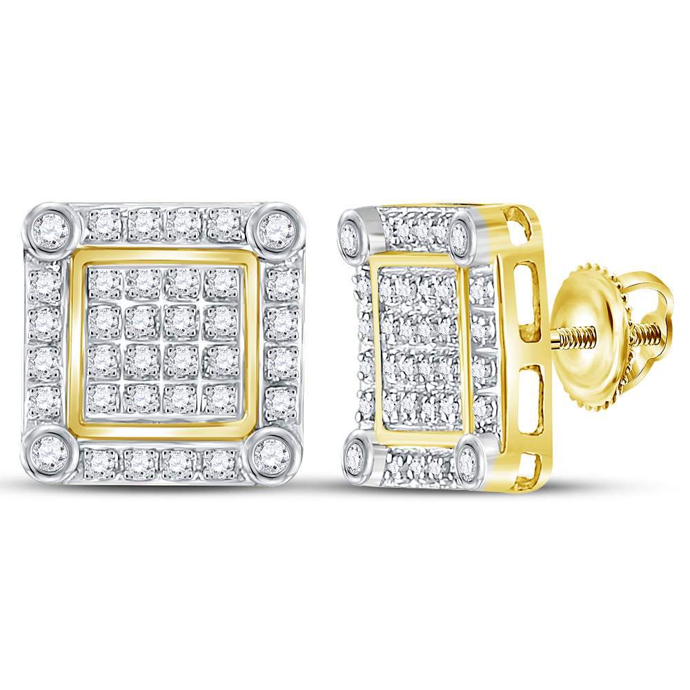 GnD 10kt Yellow Gold Mens Round Diamond Square Cluster Stud Earrings