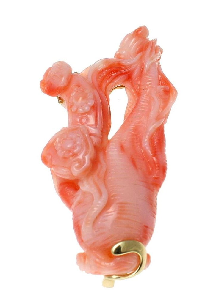 Genuine natural pink coral ginseng slide pendant lapel pin brooch 14k gold by