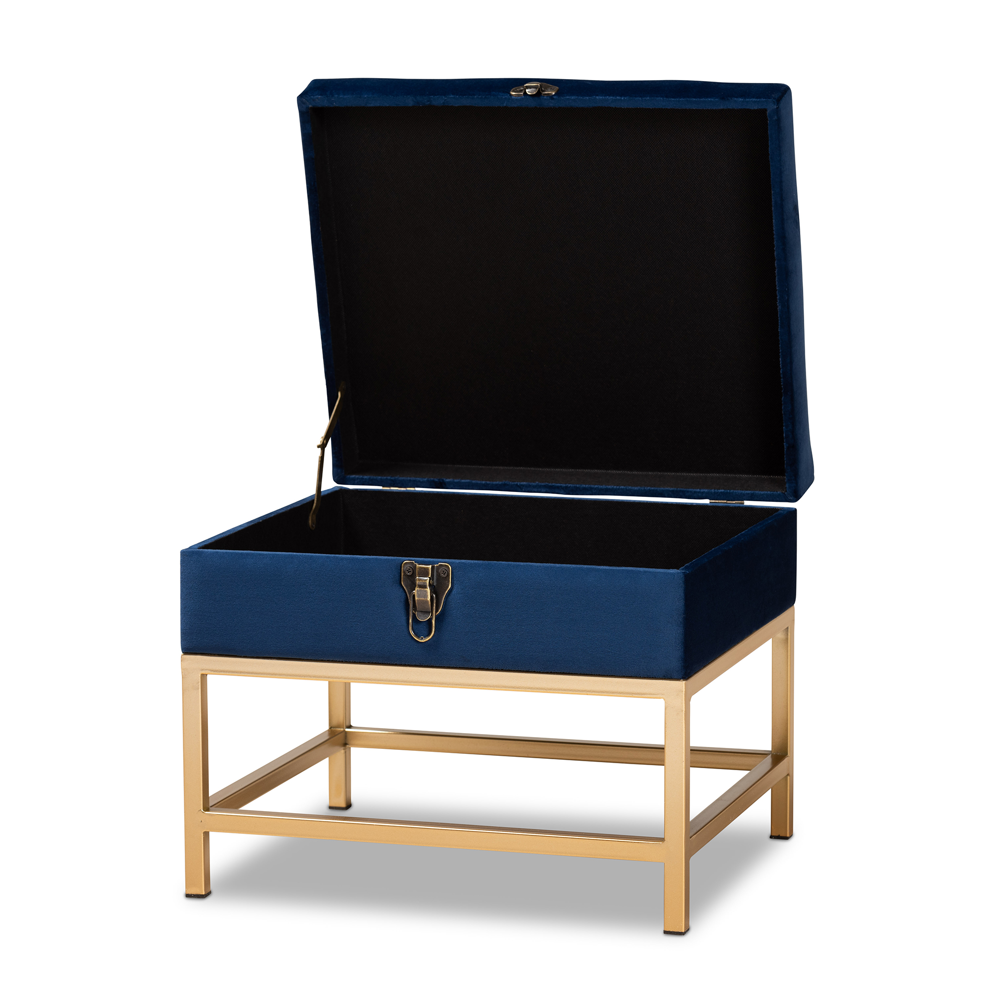 Baxton Studio Aliana Glam and Luxe Navy Blue Velvet Fabric Upholstered and Gold Finished Metal Small Storage Ottoman