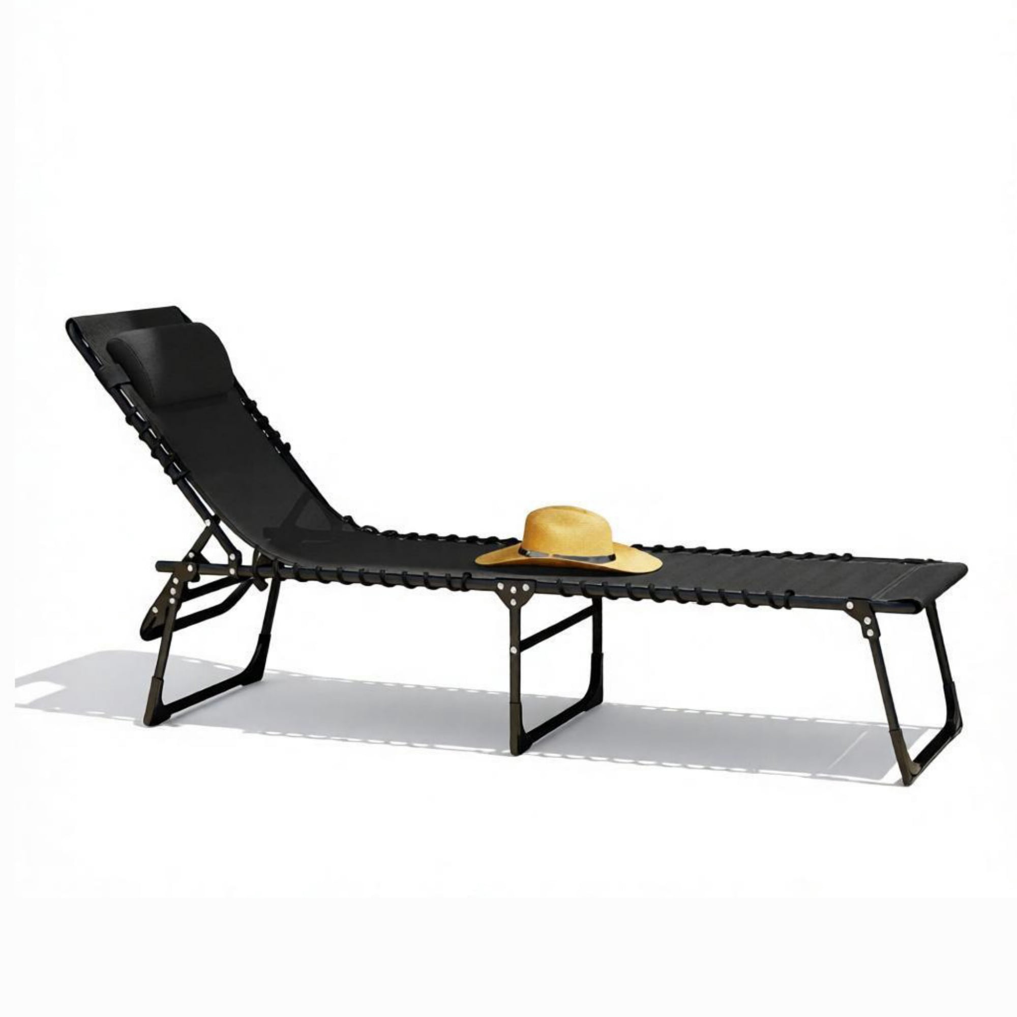 Folding Chaise Lounge Pool Chair for Poolside Sunbathing, 4-Position Reclining Back, Pillow, Breathable Mesh & Bungee Seat, Black