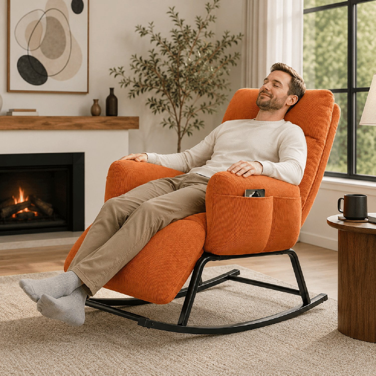 Modern Rocking Chair with Retractable Footrest, Upholstered Lounge Chair with Side Pocket, Soft Plush Fabric, for Living Room, Bedroom, Study, and Patio