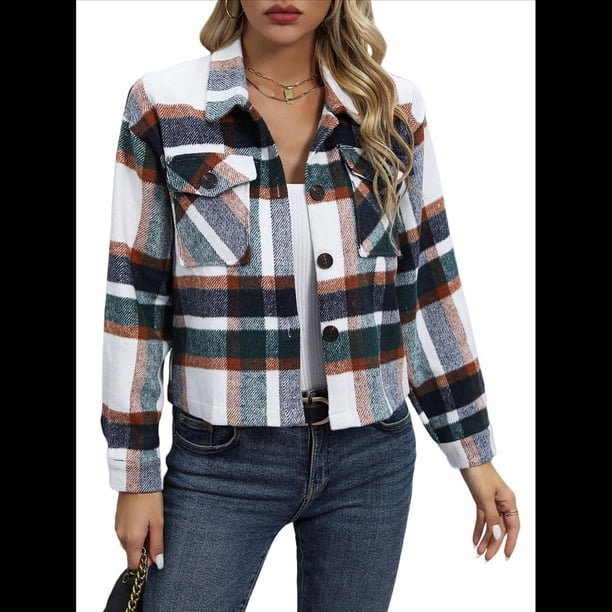 Chaqueta de Franela A Cuadros para Mujer, Larga, Solapa, Botones, Blusas Casuales, Abrigos Cortos Verde S