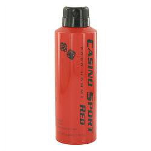 casino sport red body spray (sin gorra) por perfumes de casino frasco cilíndrico rojo para hombre, título indica sin gorra aunque la imagen muestra una tapa negra separada; etiqueta vertical con texto 'Casino Sport Red' y logo de Casino Perfumes sobre fondo blanco.