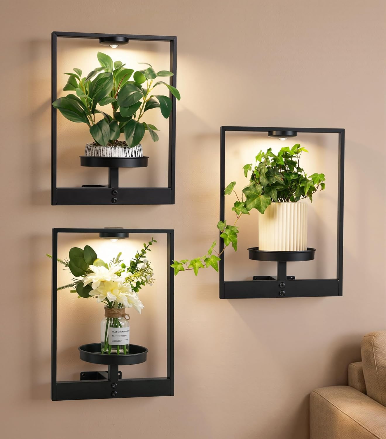 3 Pack Hanging Planters for Indoor Plants,Picture Frame Wall Plant Holder Metal Modern Style Floating Plant Hanger Stand for Living Room Window Balcony Garden Patio Bedroom Entryway