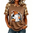 thumbnail image 2 of BODOAO Women's Fall Graphic Tee Halloween Ghost Pumpkin Print Short Sleeve Crew Neck T Shirt Plaid Raglan Tops Casual Loose Fit Autumn Thanksgiving Holiday Wear Brown M, 2 of 5