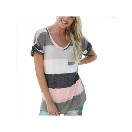 VICOODA Plus Size Women Summer Short Sleeve T-shirt Loose Blouse Striped V Neck Tunic Tops with Pocket