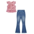 thumbnail image 4 of dPois Kids Girls Clothes Sequins Mermaid Flutter Sleeve Shirt Top with Flare Leg Jeans Pants Set 2Pcs Pink 4, 4 of 6